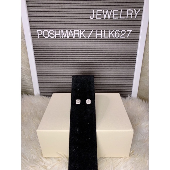 Diamond Square Halo Stud Earrings .925 Sterling